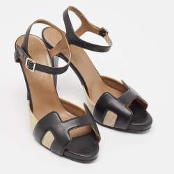 Hermes Black/Beige Canvas and Leather Premiere 70 Ankle Strap Sandals Size 39