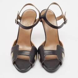 Hermes Black/Beige Canvas and Leather Premiere 70 Ankle Strap Sandals Size 39