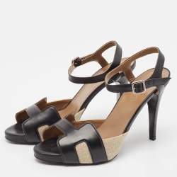 Hermes Black/Beige Canvas and Leather Premiere 70 Ankle Strap Sandals Size 39