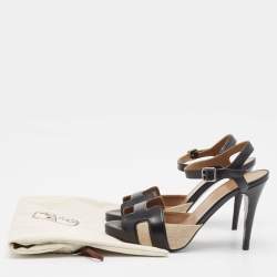 Hermes Black/Beige Canvas and Leather Premiere 70 Ankle Strap Sandals Size 39