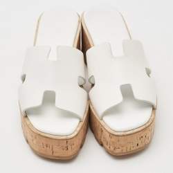 Pre Owned Hermes White Leather Eze Wedge Sandals Size 36