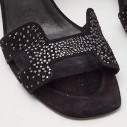 Hermes Black Embellished Suede Ella Sandals Size 38.5