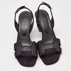 Hermes Black Embellished Suede Ella Sandals Size 38.5