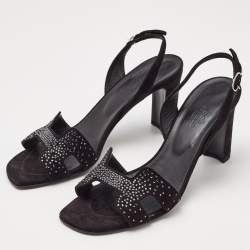 Hermes Black Embellished Suede Ella Sandals Size 38.5