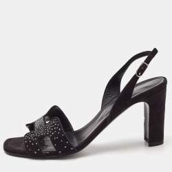 Hermes Black Embellished Suede Ella Sandals Size 38.5