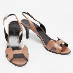 Pre Owned Hermes Light Brown Leather Night Slingback Sandals Size 38