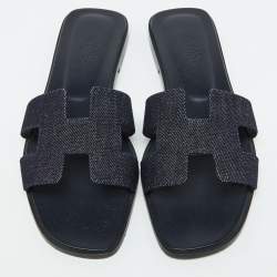 Pre Owned Hermes Navy Blue Denim Oran Flat Sandals Size 39