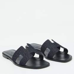 Pre Owned Hermes Navy Blue Denim Oran Flat Sandals Size 39
