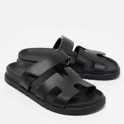 Hermes Black Leather Chypre Sandals Size 36.5