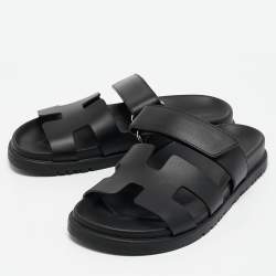 Hermes Black Leather Chypre Sandals Size 36.5