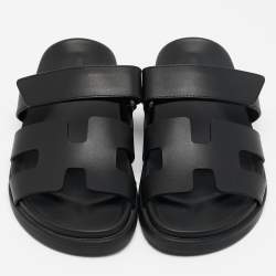 Hermes Black Leather Chypre Sandals Size 36.5