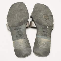 Hermes Metallic Grey Leather Oran Flat Slides Size 38