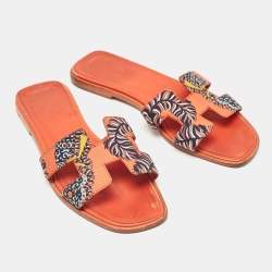 Hermes Orange Two Tone Canvas Oran Flat Slides Size 35