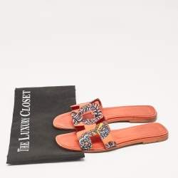 Hermes Orange Two Tone Canvas Oran Flat Slides Size 35