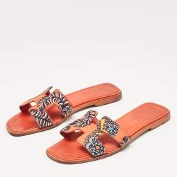 Hermes Orange Two Tone Canvas Oran Flat Slides Size 35