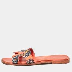 Hermes Orange Two Tone Canvas Oran Flat Slides Size 35