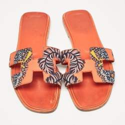 Hermes Orange Two Tone Canvas Oran Flat Slides Size 35