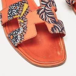 Hermes Orange Two Tone Canvas Oran Flat Slides Size 35