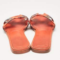 Hermes Orange Two Tone Canvas Oran Flat Slides Size 35