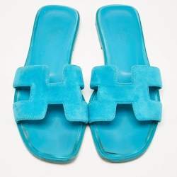 Hermes Blue Suede Oran Flat Slides Size 37