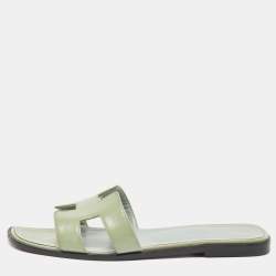 Hermes Green Patent Leather Oran Flat Slides Size 38.5
