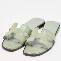 Hermes Green Patent Leather Oran Flat Slides Size 38.5