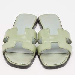 Hermes Green Patent Leather Oran Flat Slides Size 38.5