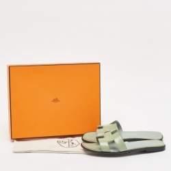 Hermes Green Patent Leather Oran Flat Slides Size 38.5
