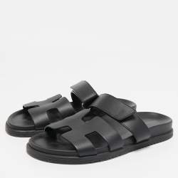 Pre Owned Hermes Black Leather Chypre Flat Sandals Size 39