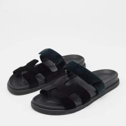 Hermes Black/Green  Velvet Chypre Flat Sandals Size 40