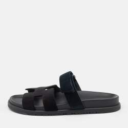 Hermes Black/Green  Velvet Chypre Flat Sandals Size 40