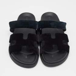 Hermes Black/Green  Velvet Chypre Flat Sandals Size 40