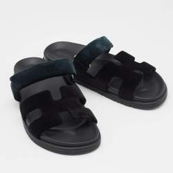 Hermes Black/Green  Velvet Chypre Flat Sandals Size 40