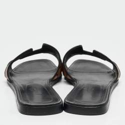 مملوكة مسبقًا Hermès Black/Brown Printed Leather Oran Flat Slides Size 41