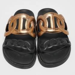 Hermes Black/Gold Leather Extra Sandals Size 36
