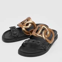 Hermes Black/Gold Leather Extra Sandals Size 36