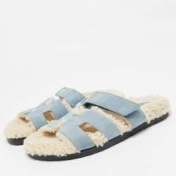 Pre Owned Hermes Blue Fur and Suede Chypre Flat Sandals Size 39