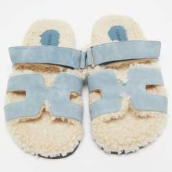 Pre Owned Hermes Blue Fur and Suede Chypre Flat Sandals Size 39