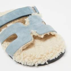 Pre Owned Hermes Blue Fur and Suede Chypre Flat Sandals Size 39