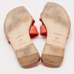 Pre Owned Hermes Orange Ostrich Leather Oran Flat Slides Size 36.5
