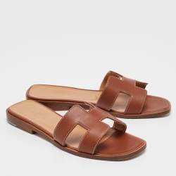 Hermes Brown Leather Oran Slide Sandals Size 36