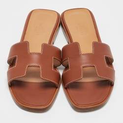 Hermes Brown Leather Oran Slide Sandals Size 36