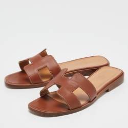 Hermes Brown Leather Oran Slide Sandals Size 36