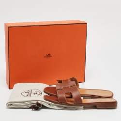 Hermes Brown Leather Oran Slide Sandals Size 36