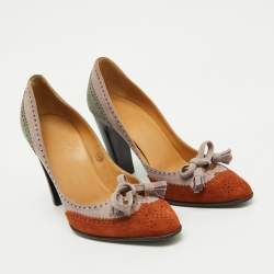 Hermes Multicolor Suede Brogue Bow Accents Pumps Size 37.5