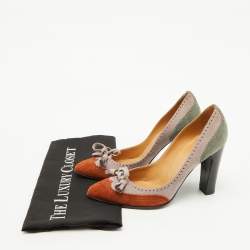 Hermes Multicolor Suede Brogue Bow Accents Pumps Size 37.5