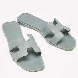 Hermes Grey Leather Oran Flat Slides Size 38