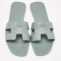 Hermes Grey Leather Oran Flat Slides Size 38