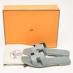 Hermes Grey Leather Oran Flat Slides Size 38