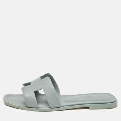 Hermes Grey Leather Oran Flat Slides Size 38